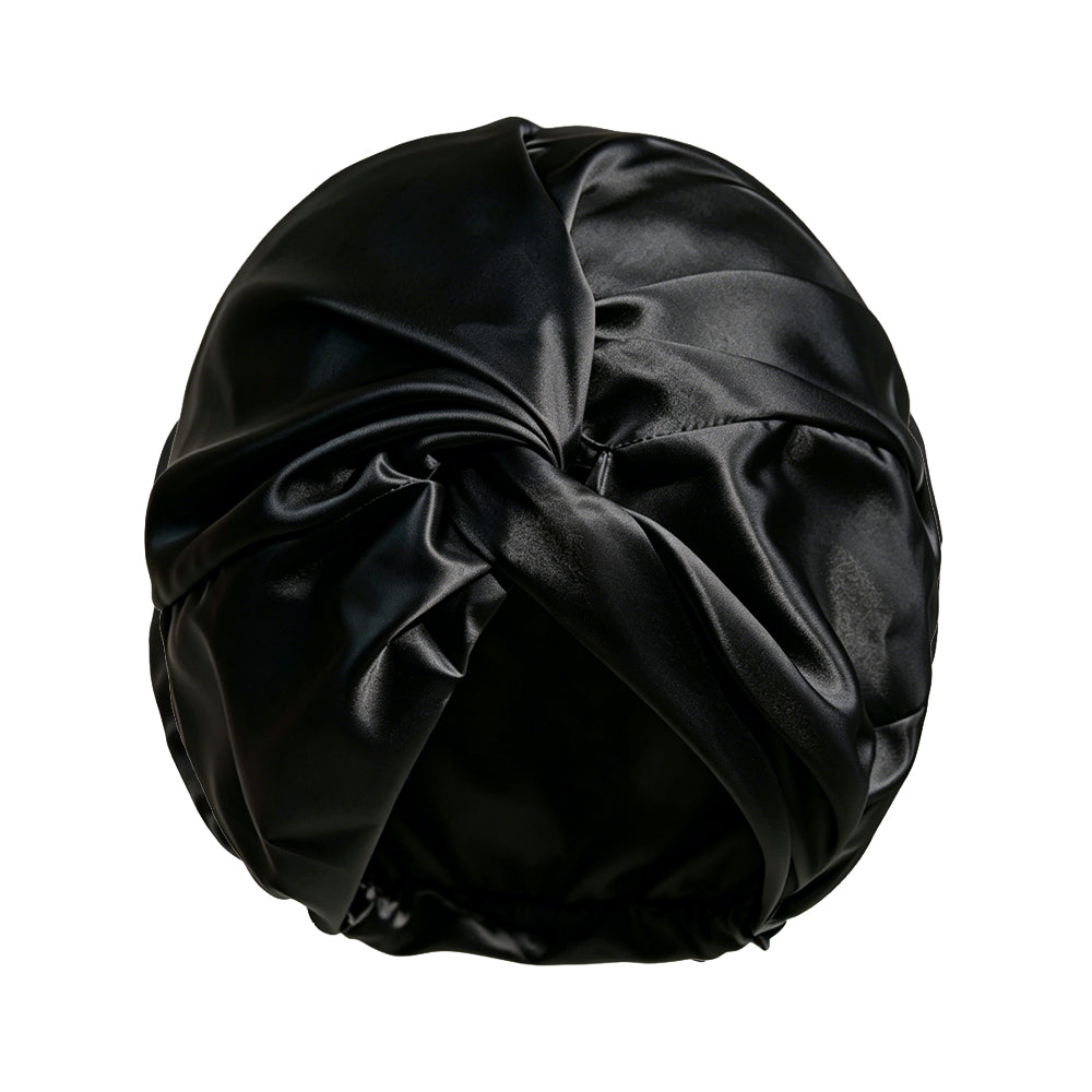 Black silk turban bonnet for sleeping and hair protection