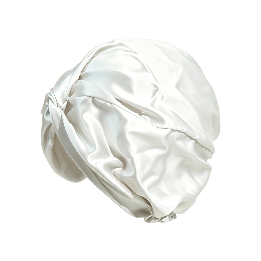 White silk turban bonnet for sleeping and hair protection
