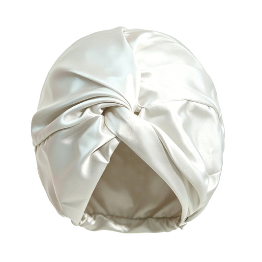 White silk turban bonnet for sleeping and hair protection